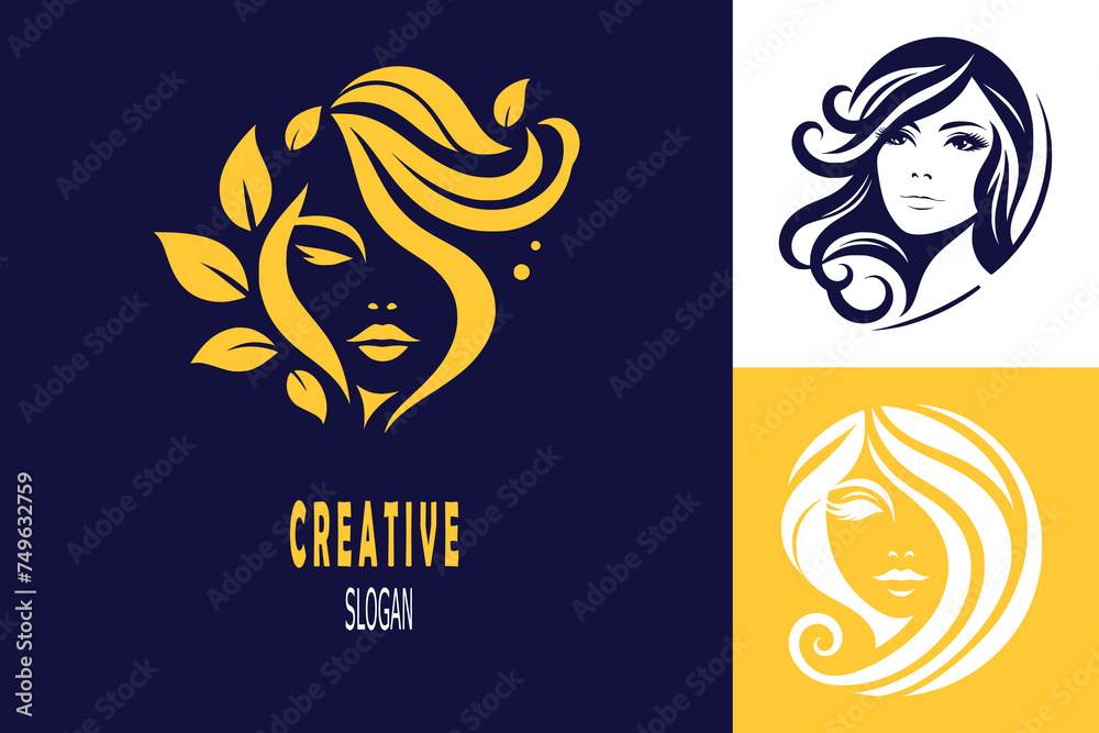 Fototapeta premium Beautiful woman face logo. Abstract concept of feminine beauty salon logo with woman's face.