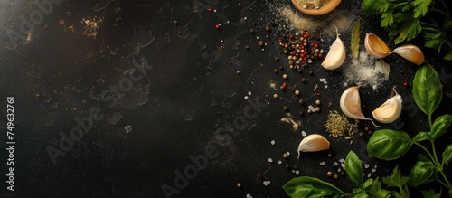 A top view of a variety of food items spread out on a table, including herbs and spices like garlic, ground pepper, and coriander.