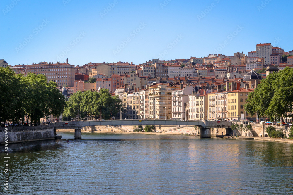 Views from the Rhone river in the city of Lyon, France