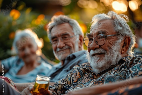 Cheerful pensioners with beverages in hand outdoors