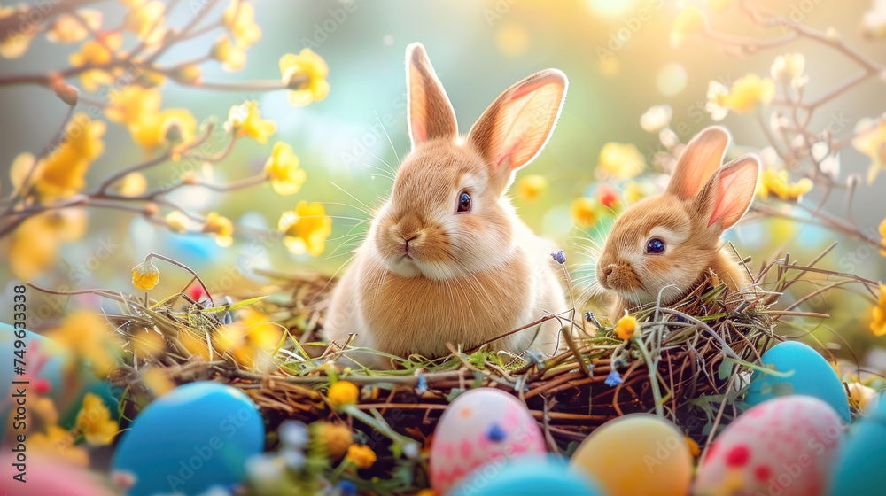Two bunny with colorful easter eggs in flowery meadow. Easter background