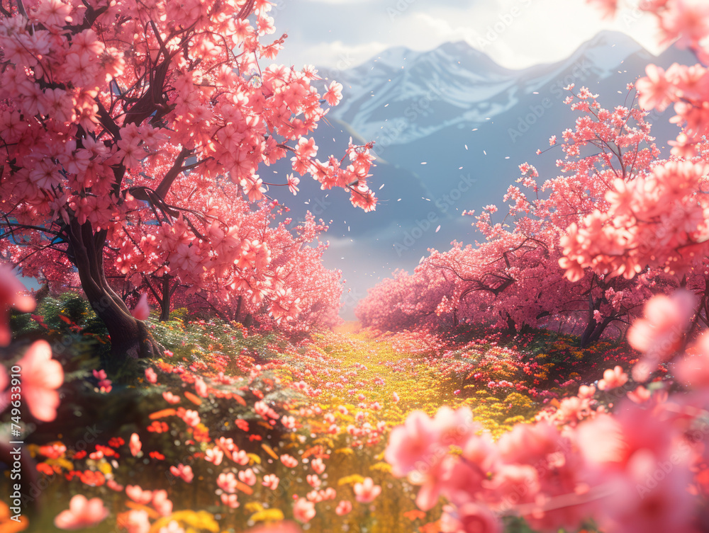 Enchanting Pink Cherry Blossom Path with Mountain View