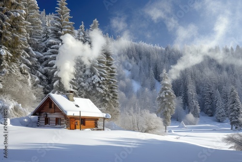 A quaint wooden cabin with smoke rising from the chimney nestles in a snow-blanketed forest, creating a scene of winter tranquility. Resplendent. © Summit Art Creations