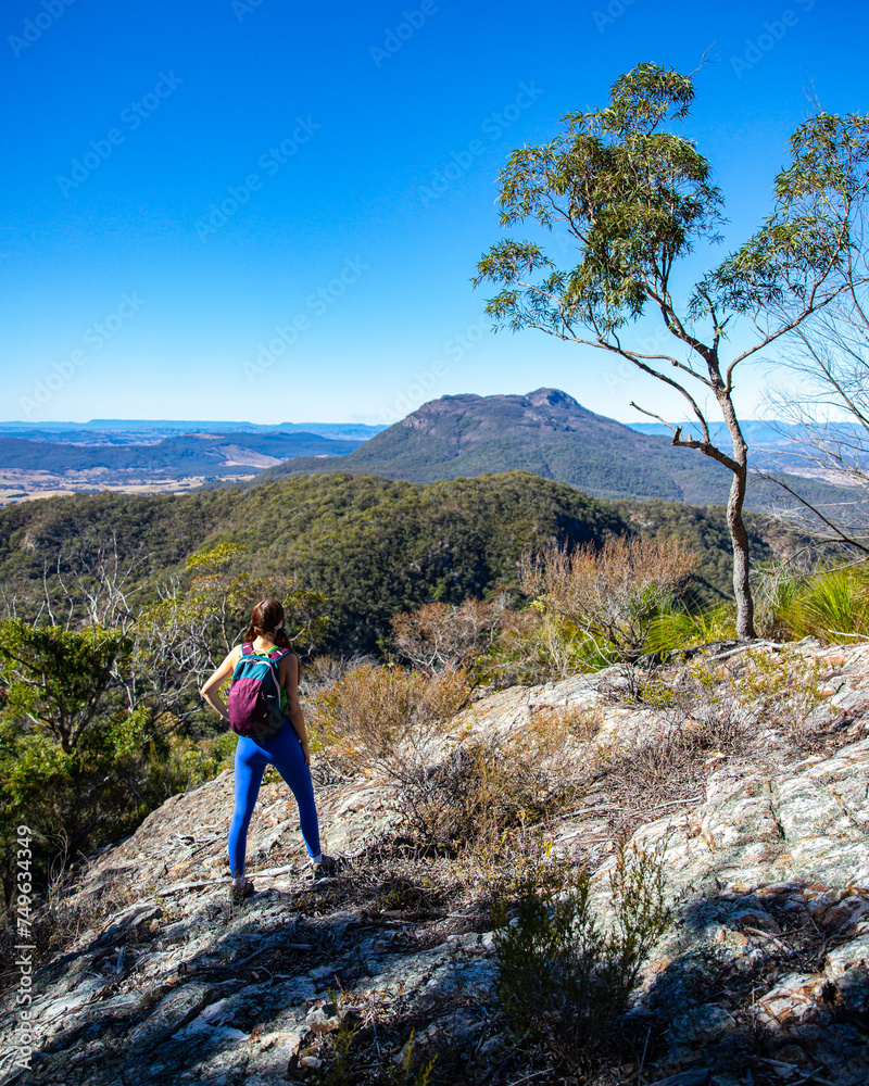 Obraz premium adventurous girl rock climbing to the top of mount may, dangerous climb in mount barney national park, queensland, australia;