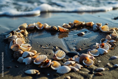 A heart shape made of shells at a beach.