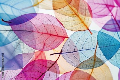 Some transparent colorful leaves on a bright background.