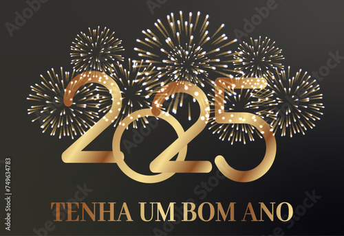 Cartão ou banner para desejar um feliz ano novo 2025 em ouro com um fogo de artifício dourado atrás dele em um fundo degradê preto e cinza photo
