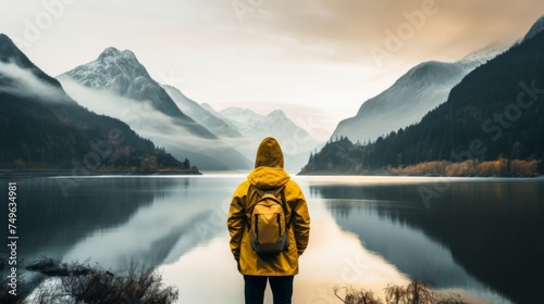 solitary adventurer overlooking beautiful mountain scenery
