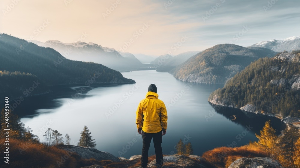 lone adventurer overlooking beautiful mountain scenery