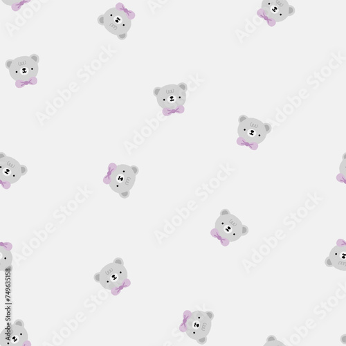 cute hand drawn grey teddy bear happy face with purple bow tie on a grey background, childish boy and girl seamless pattern
