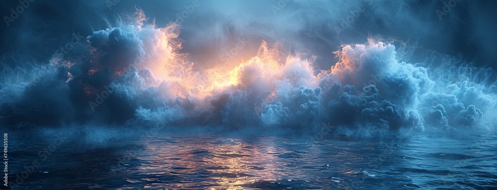 digital painting photorealistic image of dusty blue stage at night with cloud of smoke, in the style of calm waters, high horizon lines, light silver and dark black, textured canvas, glowing neon. Gen