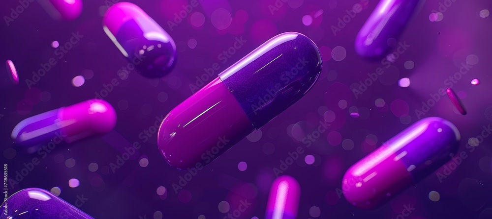 Antibiotic pill capsules falling in a group on a medical themed 3d illustration background. - obrazy, fototapety, plakaty 