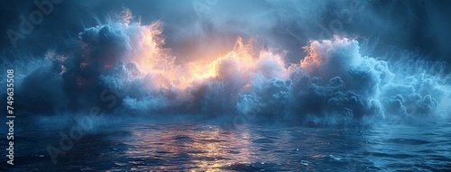 digital painting photorealistic image of dusty blue stage at night with cloud of smoke, in the style of calm waters, high horizon lines, light silver and dark black, textured canvas, glowing neon. Gen