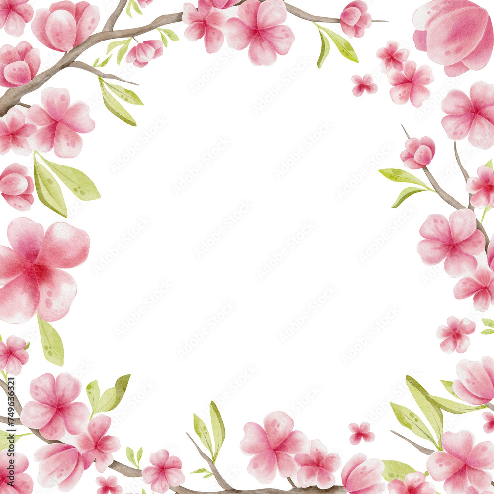 Watercolor light pink cherry blossom flowers and petals frame, border, copy space. Hand drawn sakura illustration.