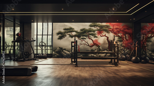 A gym interior inspired by ancient Chinese culture, incorporating elements of Chinese art and philosophy. photo