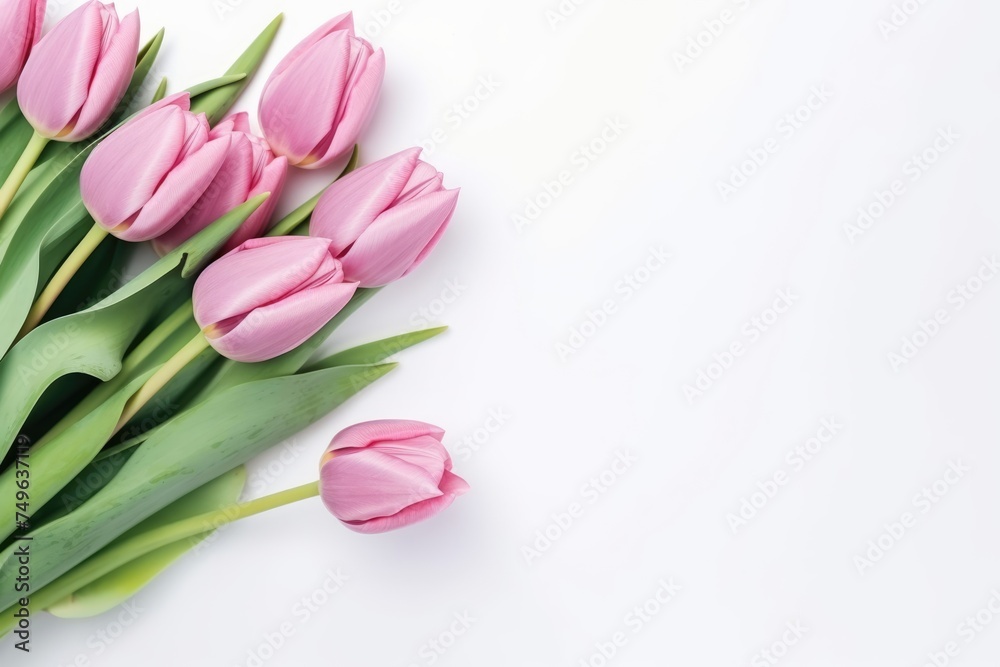 A bunch of pink tulips lying on a white surface, spring flowers concept.