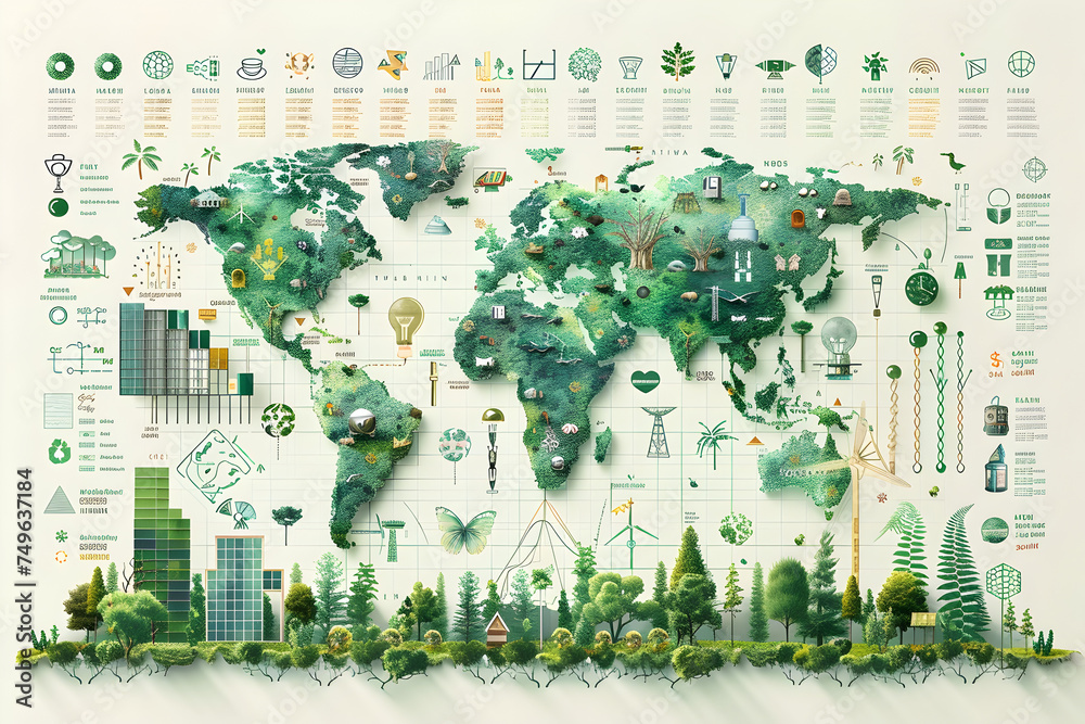 Abstract World Map with Green Plants and Eco-friendly Concepts