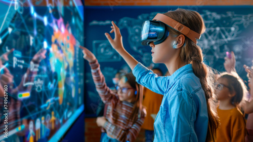 Kids engage with VR geography learning. Children immerse themselves in a geography lesson using virtual reality glasses and holographic technology