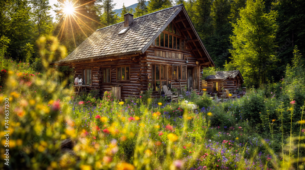 Cozy log cabin in a vibrant wildflower meadow at sunrise - Generative AI