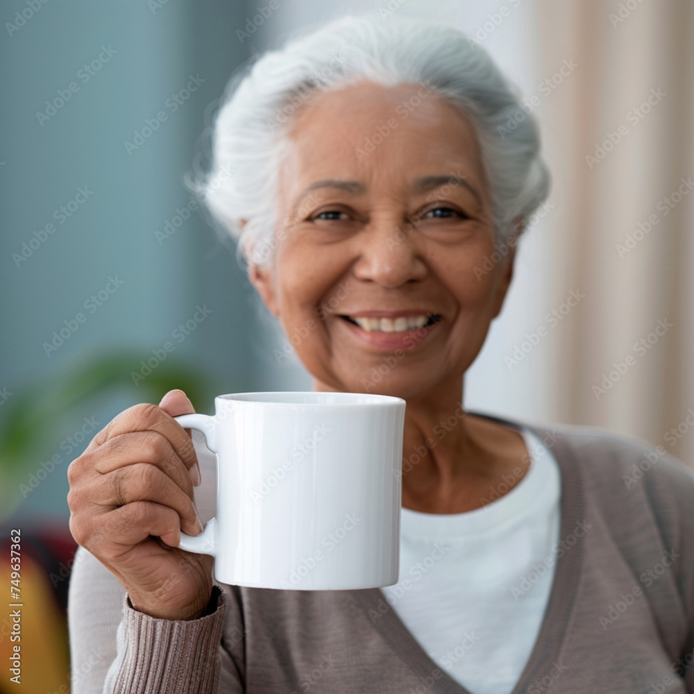 a smiling grandmother holding a blank white mug a smiling grandmother holding a blank white mug