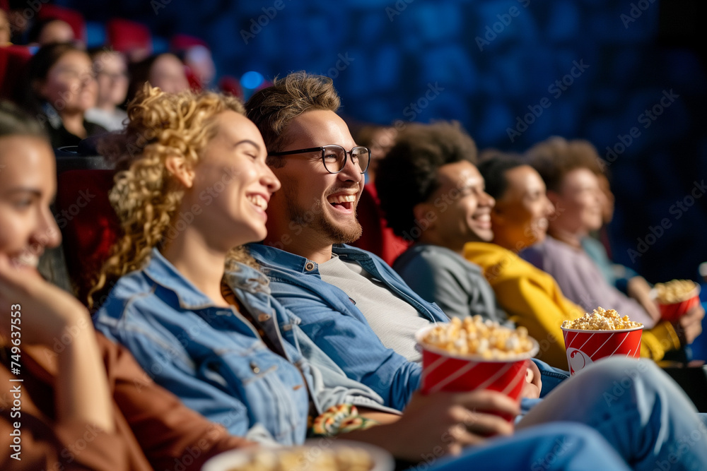 Friends at the movies, couple on a date at the movies with their friends and popcorn, laughing and enjoying the free time Friends at the movies, couple on a date at the movies with their friends and popcorn, laughing and enjoying the free time