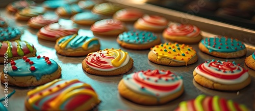 A close-up view of a tray filled with colorful and intricately decorated cookies. The cookies are neatly arranged on a baking sheet, showcasing a variety of shapes and designs using vibrant glazes and