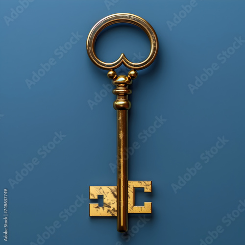 Golden Key on a Blue Background with Surreal Style photo