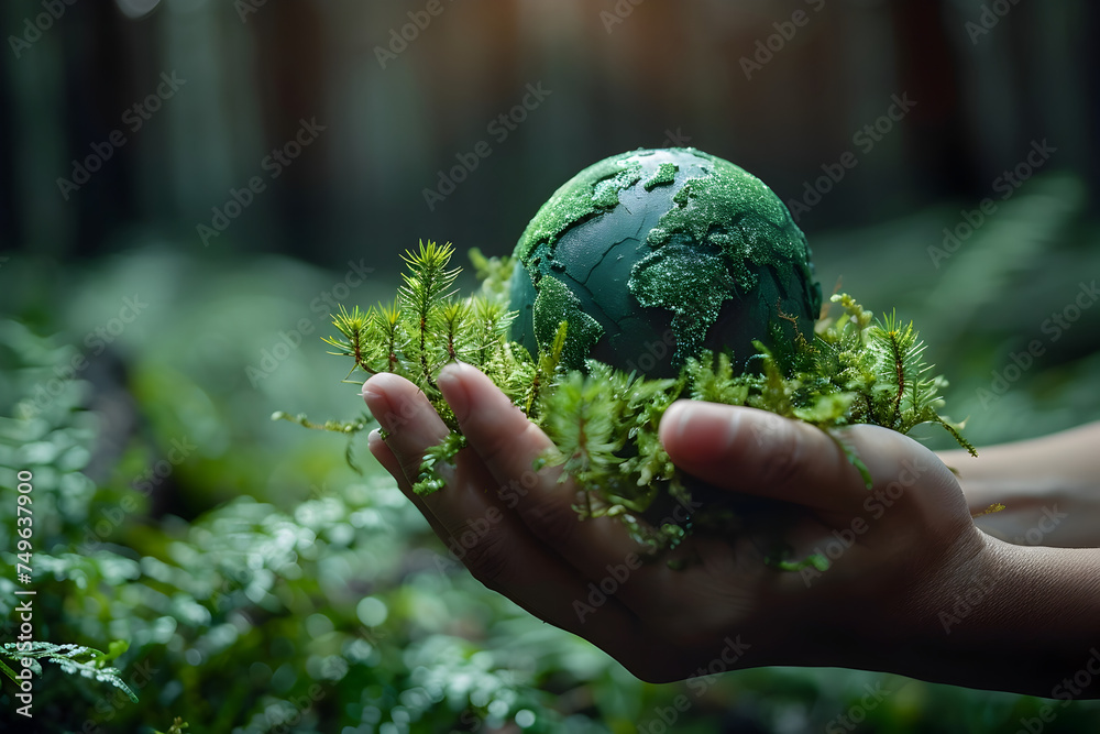 Hand Holding a Globe Surrounded by Moss in a Lush Forest Hand Holding a Globe Surrounded by Moss in a Lush Forest
