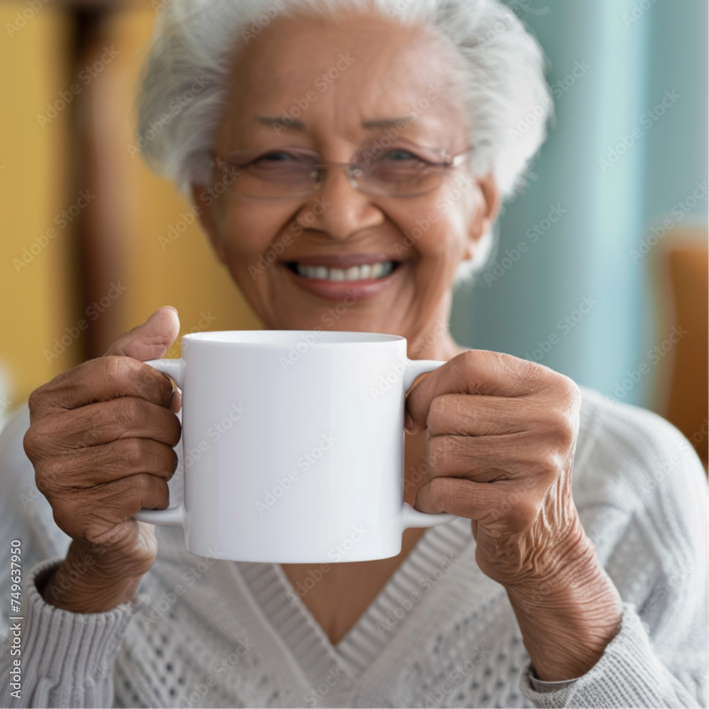 a smiling grandmother holding a blank white mug a smiling grandmother holding a blank white mug