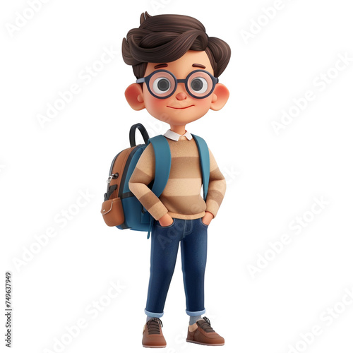 school boy in glasses -  vector cartoon illustration isolated on white background 3d render Generative AI