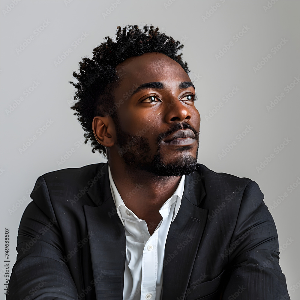 Obraz premium Stylish African American Business Executive Looking Up with Poeticcore Style