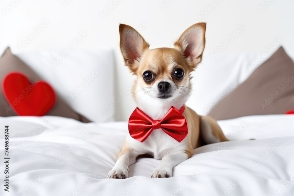 Adorable Chihuahua wearing a red bowtie lying on a bed with heart pillows.