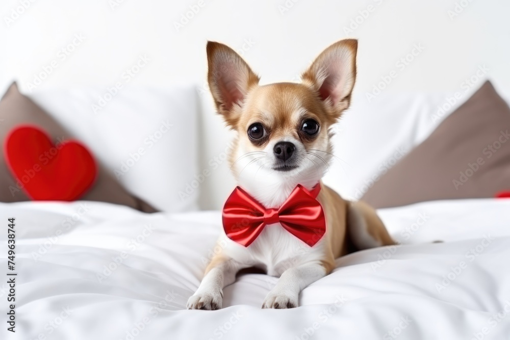 Adorable Chihuahua wearing a red bowtie lying on a bed with heart pillows. Adorable Chihuahua wearing a red bowtie lying on a bed with heart pillows.