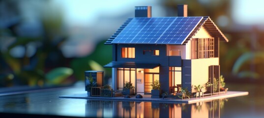 Futuristic smart home 3d model with solar panels for renewable energy concept on blurred background