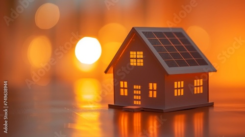 Futuristic smart home 3d model with solar panels, blurred background for renewable energy concepts