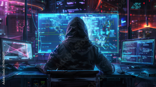 Anonymous hacker wearing a hoodie, seated in front of a commanding monitor