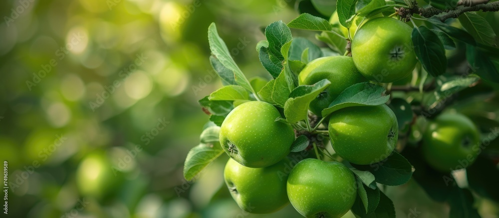 A cluster of ripe green apples hanging from the branches of an apple tree in a garden. The apples are ready for harvest, showcasing their vibrant green color against the backdrop of the trees leaves.