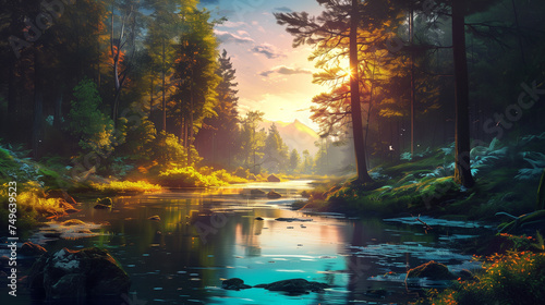 A painting captures the tranquility of a serene river flowing through a forest, bathed in the warm glow of golden hour light. © Pillow Productions