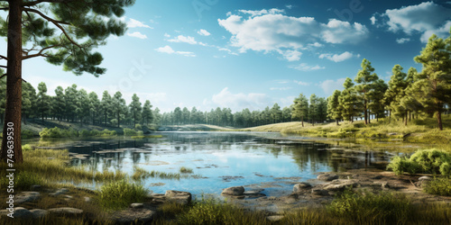 A captivating landscape with a dense forest on the opposite shore of a tranquil lake
