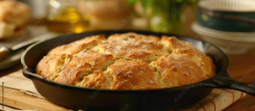 A cast iron skillet filled with freshly baked traditional Irish Soda Bread sits on a rustic wooden table, ready to be enjoyed as a festive treat in celebration of Saint Patricks Day. A cast iron skillet filled with freshly baked traditional Irish Soda Bread sits on a rustic wooden table, ready to be enjoyed as a festive treat in celebration of Saint Patricks Day.