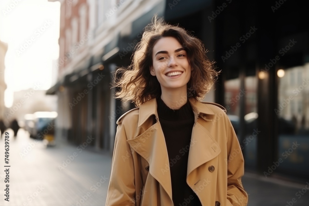 Fototapeta premium Joyful young woman with a radiant smile walking on a sunny city street, exuding confidence and happiness.