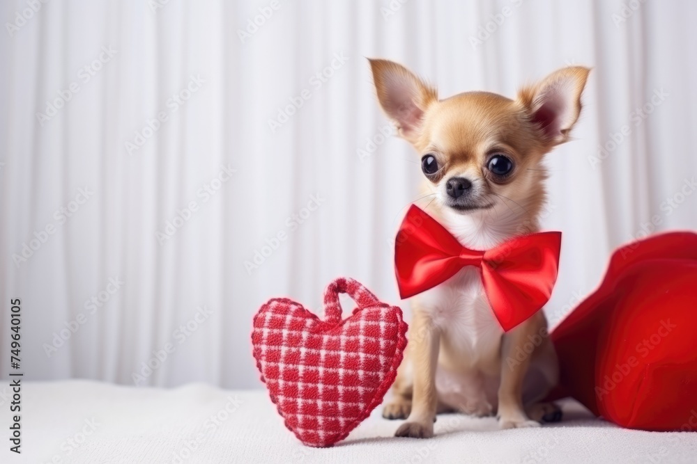 Cute Chihuahua with a red bow tie and heart-shaped cushion. Cute Chihuahua with a red bow tie and heart-shaped cushion.