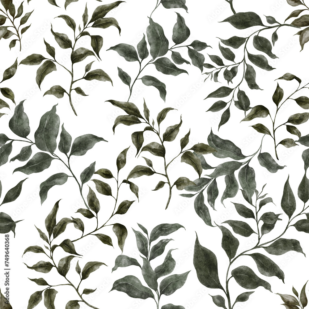Seamless pattern with watercolor hand draw sage, green leaves, branch, isolated on transparent background, PNG files Seamless pattern with watercolor hand draw sage, green leaves, branch, isolated on transparent background, PNG files