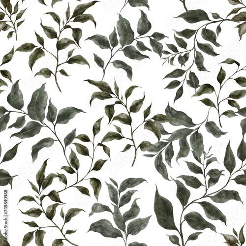 Seamless pattern with watercolor hand draw sage, green leaves, branch, isolated on transparent background, PNG files