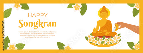 Songkran, Bathing the Buddha statue, blessing holy water and pay respect for traditions. Thailand New Year. Vector horizontal banner template in flat style for celebrating.