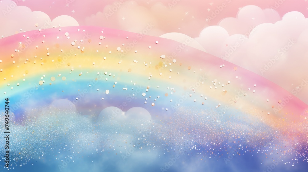 Vibrant Rainbow Arc Over a Misty Watercolor Sky With Floating Clouds