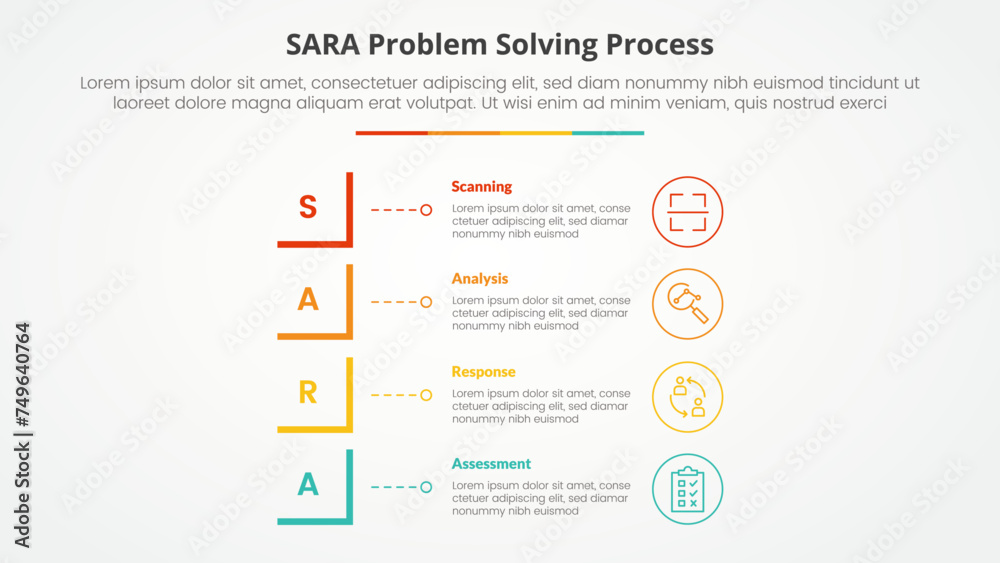SARA model problem solving infographic concept for slide presentation with modified square shape vertical stack with 4 point list with flat style