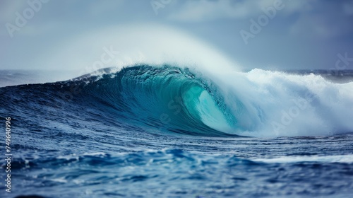 Magnificent colossal ocean wave crashing under a vibrant blue sky on a bright sunny day