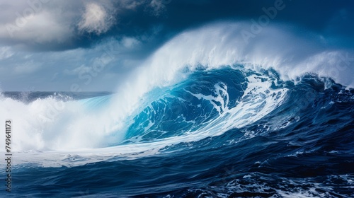Powerful colossal ocean wave crashing under clear blue sky, side view perspective