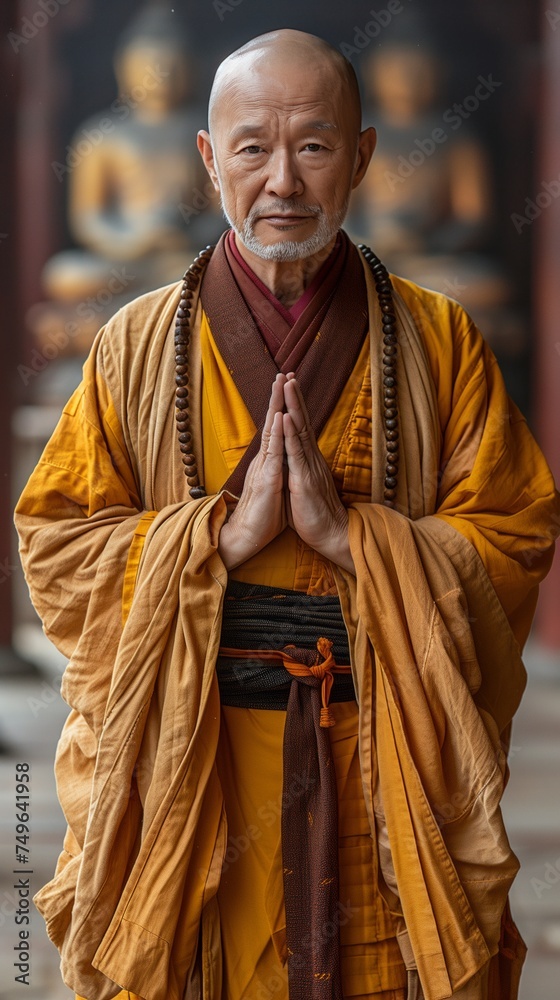 Fototapeta premium A man wearing a yellow outfit stands in front of a building.